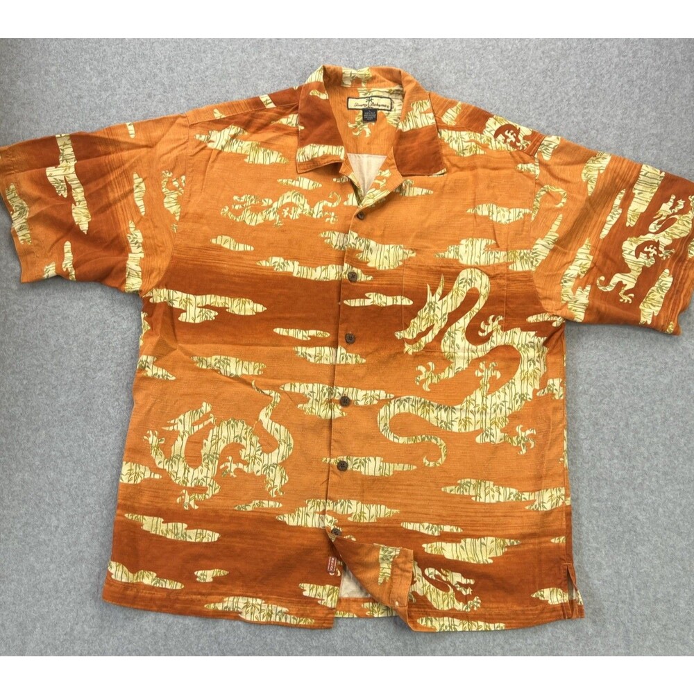 Tommy Bahama Shirt Mens Large Orange Silk Dragon Hawaiian Aloha Tropical Camp